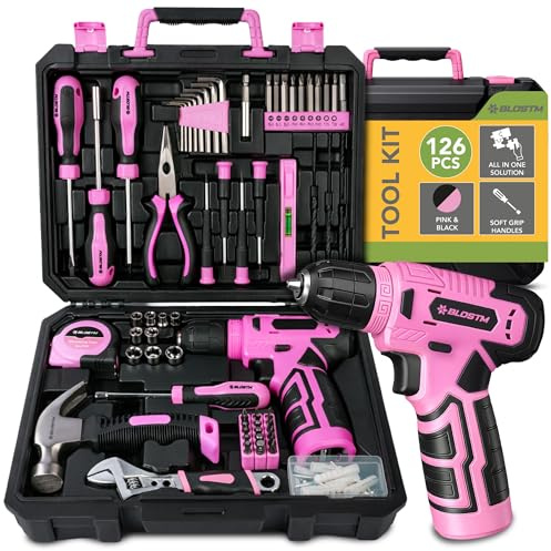 BLOSTM 126 Piece Pink Tool Kit with Drill - Home Tool Set