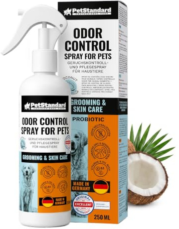 PetStandard pälsvårdsspray för hundar och katter 250 ml – 3-i-1 luktneutraliserare, hudvård och pälskonditionering – kokosdoft – Dermatest Excellent – Made in Germany