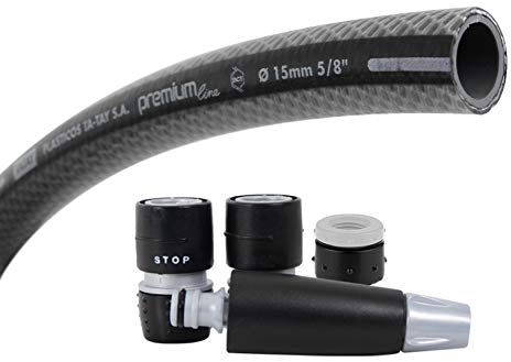 TATAY Kit Manguera de jardin Premium 20 metros Ø5/8 15mm, de 4 Capas, Hecha en España, Resistencia 39 bares y +60°/-20°, Tricotado, Libre de Cadmio y Plomo, Libre de BPA, Anti-UV, Color Negro