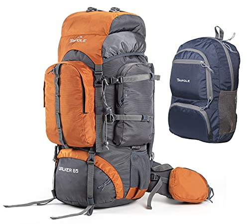 Tripole Walker Zaino Trekking 65 Litri per Uomo e Donna con Telaio Interno e Parapioggia + Zaino Giornaliero 20L – Zaino con Scomparto Laptop 17, Zaino da Campeggio e Viaggio, Arancione