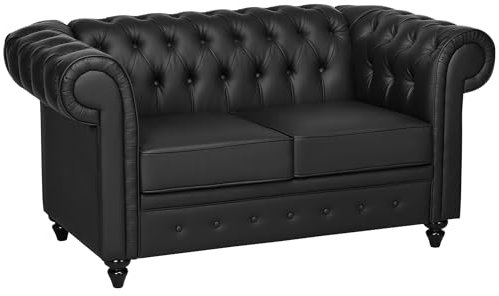 HOMCOM Modernes 2-Sitzer-Sofa im Chesterfield-Stil aus schwarzem Kunstleder mit Beinen aus Holz und Solider Struktur