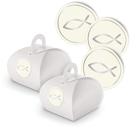 itenga Set Fisch 24x Geschenkschachteln inkl Sticker Aufkleber für Gastgeschenk Taufe Kommunion Konfirmation (Silber, Karton (Weiß))