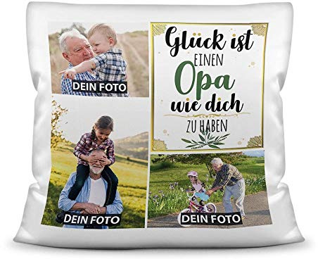 Print Royal Kissen mit Füllung - Fotocollage selbst gestalten mit Spruch für Opa - GLÜCK - mit DREI eigenen Fotos - Geschenkidee Fotokissen - Kissen Polyester - Weiß