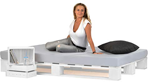 sunnypillow Palettenbett aus Holz Holzbett 160x200 cm Weiß Massivholzbett Bett aus Paletten Palettenmöbel Fichte europalette Weiss 80 90 100 120 140 160 180 200 220 240 x 200 cm