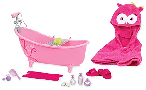 Our Generation - Badewanne pink mit Accessoires - Zubehör für 46cm Puppen, mit Badematte, Eulen-Handtuch in Pink und Badezubehör - ab 3 Jahren - 45416, BD35199Z