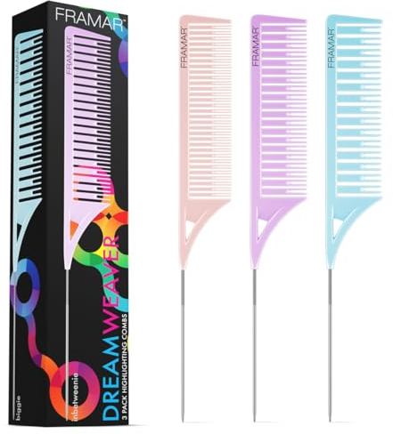 FRAMAR Dreamweaver Highlighting Comb Set – Rat Tail Hair Combs With Metal Tail, Highlight Comb Hair Dye Accessories, Tail Combs, Reduces Highlighting Time By Quickly Separating Hair – 3 Pack Pastel