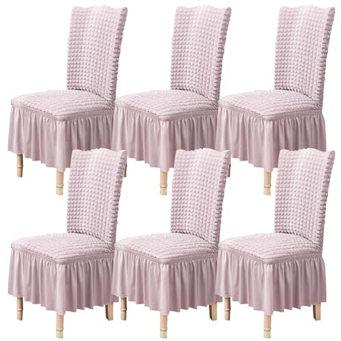 Qubjus Stuhlabdeckungen für Esszimmer Satz von 6 Stretch Stuhl Slipcover mit Rock abnehmbar waschbar Küche Stuhl Protector Cover Set für Haus, Party, Hochzeit(Rosa, 6Stück)