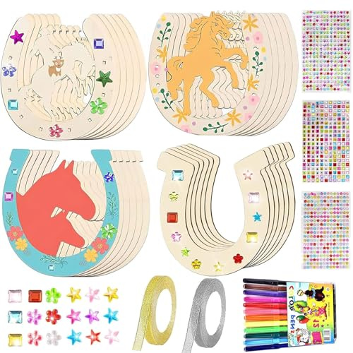 24 Stück Hufeisen Holz Kindergeburtstag, Unvollendete Hufeisen Basteln Set | Hufeise mit 12 Aquarellstift, Paillettenaufklebern, Glitzerband, Holzs hufeisens Basteln für Kinder Party Geburtstagsdeko DIY