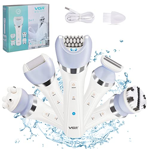 Depilatore Donna, 5 in 1 Wet & Dry Epilatore con 2 Velocità e Luce LED, Cordless Ricaricabile con Testina Radente e Rifinitore e Cappuccio Massaggiante, Tecnologia MicroGrip, Bianco e Blu