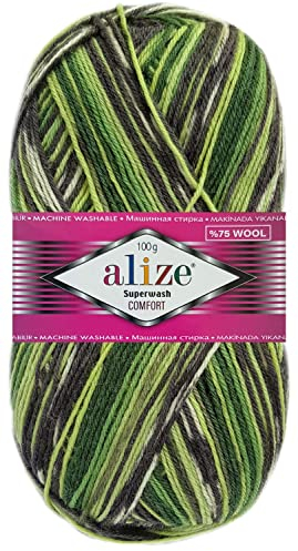 100 Gramm Alize Sockenwolle Superwash Comfort Color Farbig 4fädig 2696 Grün Mix