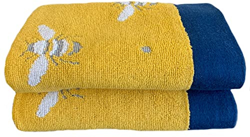 Sue Rossi 100% Turkish Cotton Hand Guest Towels, Pack Of 2, Very Soft & Absorbent, Quick Dry 500gsm Thick, Bathroom Or Kitchen Utility Towel Set. (Yellow Bee)