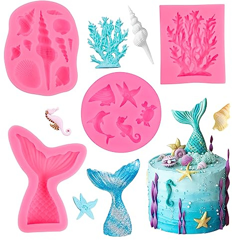 PEAKTOP 4PCS Mermaid Silicone Mould 3D, Marine Themed Fondant Moulds | DIY Sea Animal Silicone Molds, Large Mermaid Tail Mould, Reusable Ocean Seashell Baking Mold for Cake Chocolate Candy