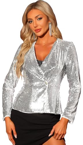Allegra K Damen Langarm Pailletten Glitzerjacke Partyjacke Knopfleiste Sequin Jacke Silber S