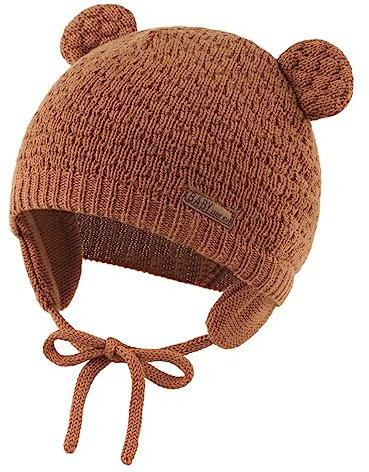 XIAOHAWANG Baby Wintermütze Jungen Mädchen Warmer Strickmützen Weicht Baumwolle-Futter mit Süße Bärenohren Winter Babymütze(Walnuss, 0-6 Months)