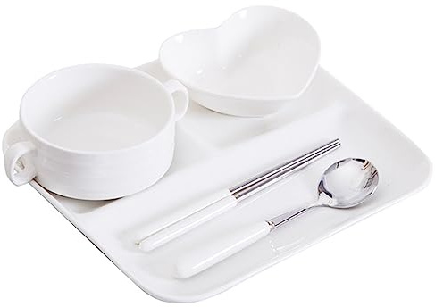 Fodalob Weißes, geteiltes Teller-Set for Erwachsene, 5-teiliges Teller-Set zur Portionskontrolle, My-Teller-Set mit 3-teiligem Geschirr sowie Schüssel, Löffel und Essstäbchen