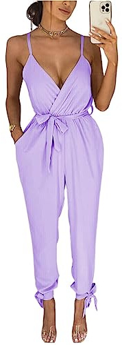 RIDDLED WITH STYLE Ladies Sleeveless Playsuit Strappy Cami Tie Belted Waist Ankle Plunge Tie All in One Dress Women's Plain Jumpsuit Wrap Over V Neck Lightweight Playsuit UK 8-14