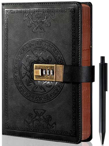 CAGIE Journal with Lock for Men and Women Refillable 290 Lined Pages Locked Journal with Pen, Diary with Lock 180 Lay Flat for Writing Travel Diary, 5.7'' X 8.3'', Black