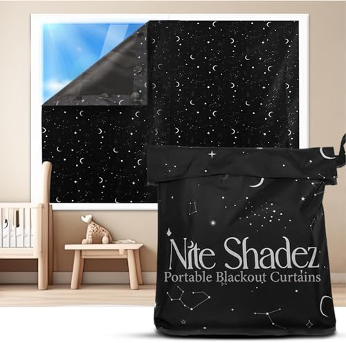 Portable Blackout Curtains (60 x 80) - Travel Blackout Curtains for Baby Nursery w/Stars - Portable Blackout Shades w/UV & Thermal Protection - 20 Stick on Suctions & Velcro Blackout Window Cover