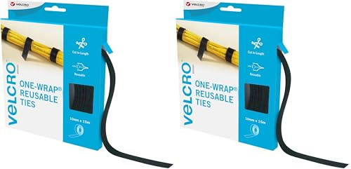 VELCRO Brand | One-Wrap Reusable Ties | Multi-Purpose Ties Perfect Desk Accessories for Cable Management & Home Improvement | Black | 10mm x 15m (Pack of 2)