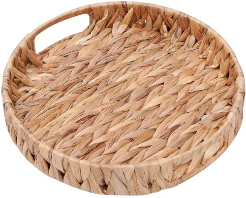 Round Woven Coffee Table Ottoman Tray with Handles - 11.8 x 1.9 Water Hyacinth Wicker Serving Tray, Decorative Storage Basket for Home & Kitchen.