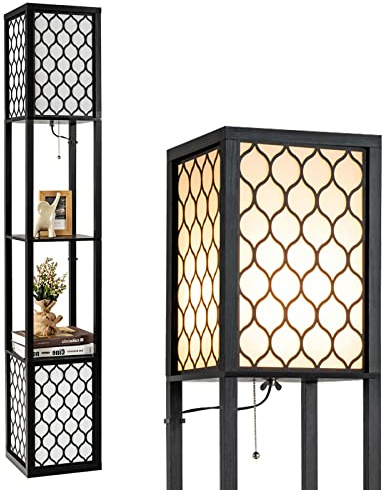 GOPLUS Golvlampa med 2 hyllor, strömbrytare och fotbrytare, för vardagsrum, sovrum och kontor, svart
