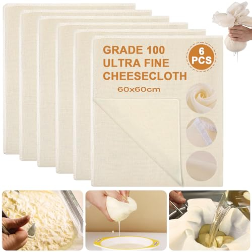 6 Stück Passiertuch, 60x60cm, Grad 100, Käsetuch Cheesecloth Leinentuch, 100% Baumwolle ungebleicht, Passiertuch Wiederverwendbar, für Hausgemachten Käse Tofu Nussmilch Suppe Obstsaft Spucktuch
