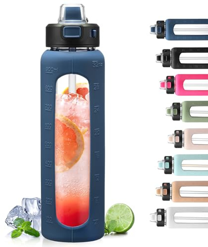 BLUEGO 900ml Glass Water Bottle with Handle and Straw Drinking Hydration Bottle with Silicone Sleeve and Time Marking Motivational Water Bottle for Gym Sports Outdoor Leak-proof,Dark Blue