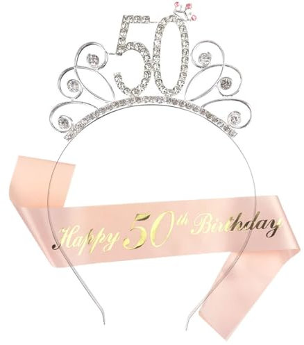 50 Compleanno Corona e Fascia, Happy 50 anni Donna Strass Corona Diadema e Fascia, per Accessori Decorativi per Feste per Ragazze