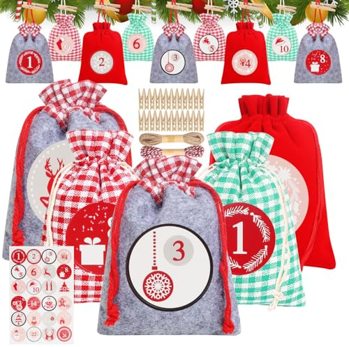 Calendario Avvento Fai da Te Stoffa-2024 Sacchetti Calendario Avvento da Riempire, Bambini 24 Natale Bustine Calendario Avvento