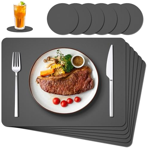 IKWOLETI Tischsets Abwaschbar mit Untersetzer - 6er Set Platzsets Abwaschbar aus Kunstleder - Doppelseitige Platzdeckchen in Lederoptik - Ideal für Küche und Büro Dunkelgrau