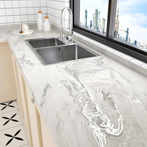 HotDocor Möbelfolie Marmor Selbstklebend Tapete Beige Silber Klebefolie Küche Wand Tapeten Arbeitsplatte Folie Abwaschbare Beige Küchentapeten Matte Marmor Folie Küchenschränke Tisch 60cm X 300cm