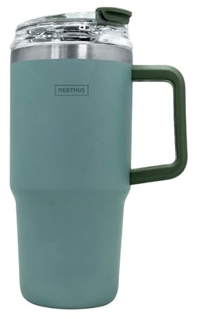 NERTHUS FIH 1436 tazza termica 600 ml verde con coperchio cannuccia ideale per lavoro auto viaggi