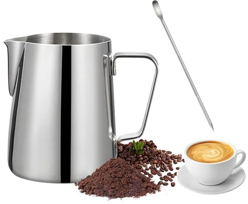 katmerio 350 ml Edelstahl Aufschäumkännchen, 304 Edelstahl Milchaufschäumer und Latte Art Pen, Barista Zubehör, Milchkännchen perfekt für Barista Cappuccino Espresso