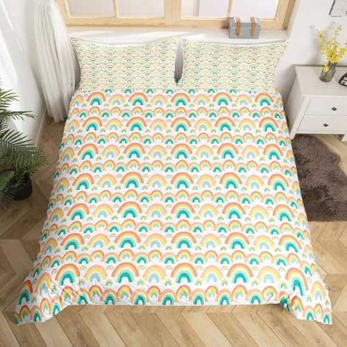 Homewish Regenbogen Bettbezug für Mädchen Jungen Kinder Nette Cartoon Bettwäsche Set 135x200 Bunte Regenbogen Druck Tröster Bezug Geometrie Streifen Dekor Bettbezug Regenbogen Dekor Bettwäsche