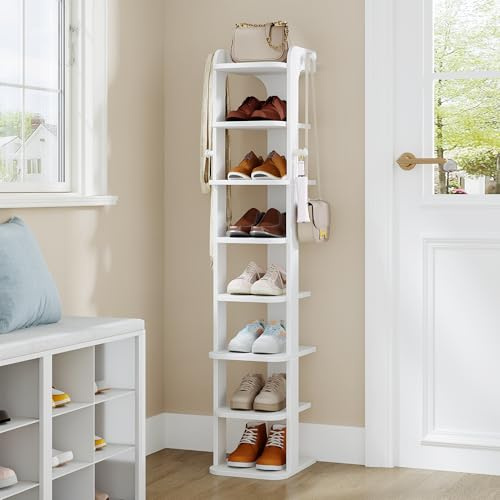 Hzuaneri Schuhregal, 8 Ebenen, Platzsparend, mit Haken, 26,5B cm, Weiß | Holz-Schuh-Organizer, Verstellbar, Geeignet für Eingang, Flur, Wohnzimmer, SR20803X