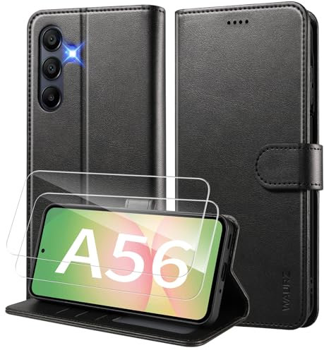 WAURZ Hülle für Samsung Galaxy A56 5G Handyhülle mit 2 Schutzglas Schutzfolie Hülle Schutzhülle Leder Klappbar Flip Case Kartenfach Ständer Handytasche Hüllen Etui Cover Klapphülle,Schwarz