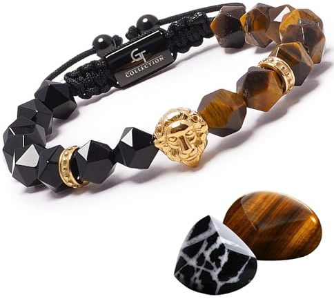 Brown Tiger Eye and Onyx Lion King Bracelet Gift for Men, Tiger Eye and Black Onyx Bracelet for Men with Golden Lion Head Bead, Adjustable Beaded Bracelet