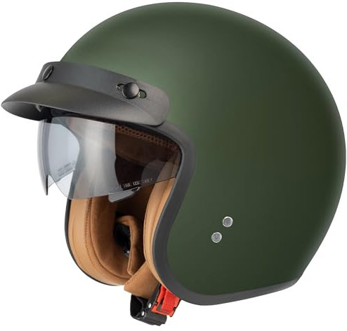 Jethelm mit Visier by BS Way: Hochwertiger Motorradhelm, ECE-Zertifiziert für Herren und Damen - Ideal für Vespa, Moped, Mofa, Scooter und Roller - Retro Helm Design, Halbschalenhelm Matt Armeegrün