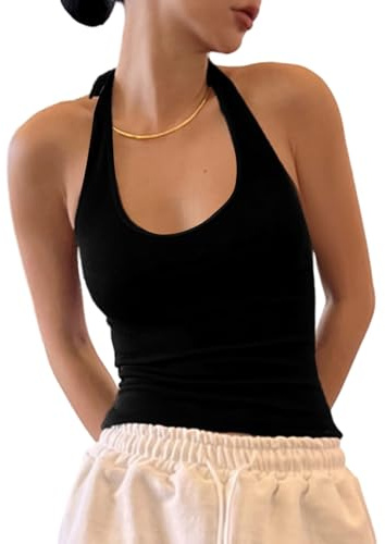 SOLY HUX Damen Neckholder Top Rückenfreies Sommertop U Ausschnitt Oberteile Ärmelloses Trägertop Schulterfreies Freizeittop Sommer Basic Crop-Top Schwarz M