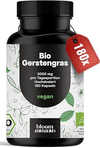Bio Gerstengras Kapseln hochdosiert – 180 Kapseln – 3000 mg pro Tag | Aus biologischem Anbau – vegan, produziert in Deutschland, laborgeprüft