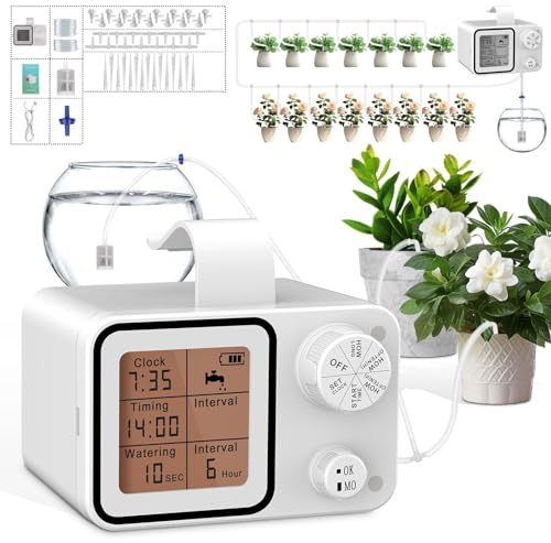 Hjh Bewässerungssystem Indoor Automatische Bewässerung Set, 15 Einstellbare Drip Tropfer & Erdanker, Programmierbare Selbstbewässerung für Garten Balkon Gewächshaus Büro Innen Urlaubsbewässerung
