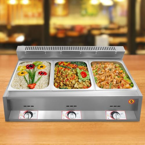 Scaldavivande a gas commerciale e friggitrice, bagnomaria a 3 padelle in acciaio inox con temperatura regolabile e coperchi, ideale per catering e buffet
