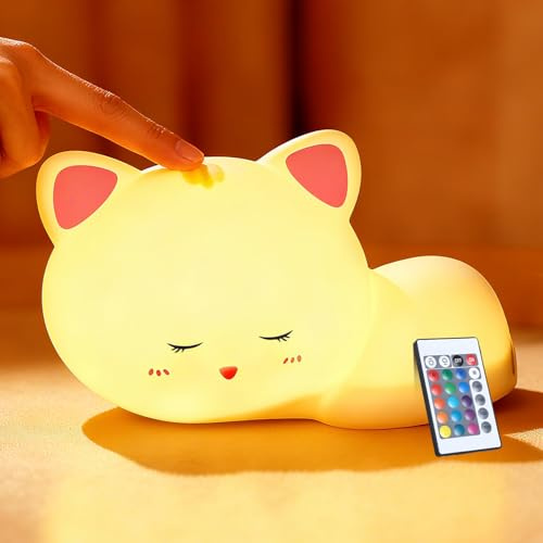 Zaxiva Luz Nocturna Infantil, Control Táctil con 16 Niveles Intensidad, Temporizador 30/60 Minutos, Lámpara Nocturna Recargable Silicona con Forma Gato, Lamparas Infantil Decorativa para Dormitorio