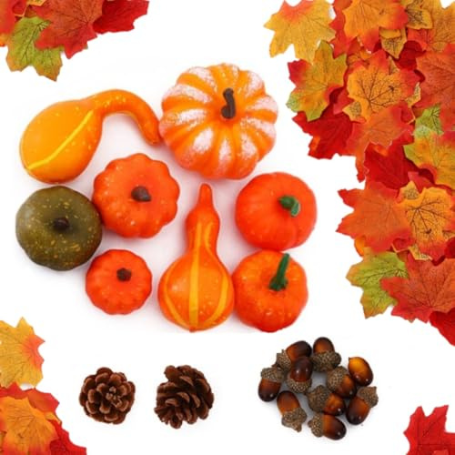 50 Stück Künstliche Kürbis Deko, Tannenzapfen und Kürbis für Herbst, Gefälschte Kürbisse Ahornblatt Dekorations Set, Eicheln Set Tannenzapfen, für Thanksgiving Halloween Festliche Party Dekoration