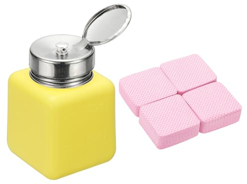 YOKIVE Alcohol Dispenser, 120ml(4oz) Pump Dispenser Bottle Push Down for Nail Polish Remover Acetone Cleanser with 200Pcs Lint Free Nail Wipes, Yellow(Splash-proof Pump Head)