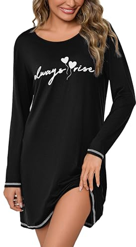 Bresdk Camicia Notte Donna Manica Lunga Cotone Abito da Notte Elegante con Stampa Pigiama Donna Invernale Girocollo Comodo Nightwear per Casa e Relax S-XXL