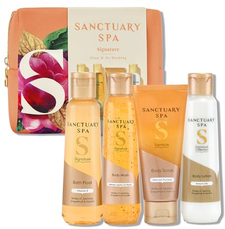 SANCTUARY Spa Signature Glow & Go Washbag – Luxury Travel-Size Skincare Gift Set for Women with Body Wash, Scrub & Lotion – Perfect for Pampering, Self Care & Christmas
