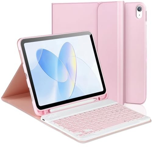 Keyboard Case for iPad A16 11th Generation 2025 & 10th Generation 2022, Detachable Bluetooth Keyboard Cover with Pencil Holder and Multi-Angle Viewing, UK Layout (11/10.9 Inch), Pink