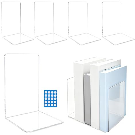 Serre Livres 5 Pièces en Acrylique Transparent Épais avec 20 Pastilles Antidérapantes, Support Livre Stable pour Bureau École et Bibliothèque