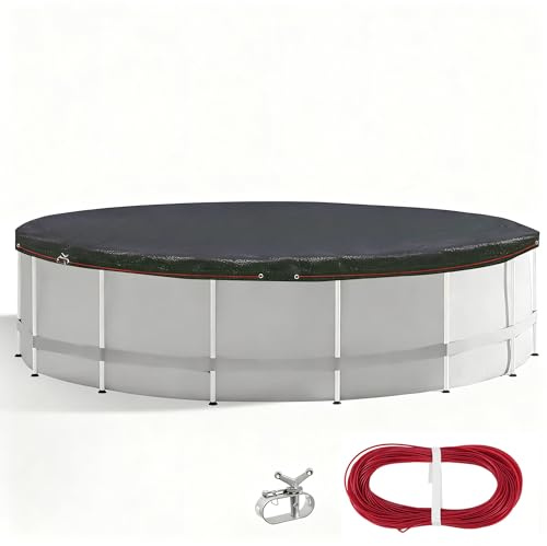 Poolabdeckung Rund für Ø400-440cm Pools, Planenmaß Ø460cm, Sommer & Winter Poolplane Solar Abdeckplane, Solarplane UV-Resistent Schwarz und Grün Pool Abdeckplane mit Drahtseil und Befestigungselement